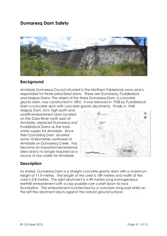 Dumaresq Dam Safety  Background  Armidale Dumaresq Council situated in the Northern Tablelands owns