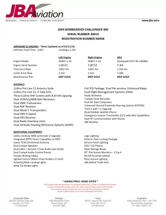 2004 BOMBARDIER CHALLENGER 300  SERIAL NUMBER 20019  REGISTRATION NUMBER N60SB  AIRFRAME &amp;