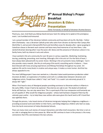 9 th Annual Bishops Prayer Breakfast Ancestors &amp; Elders Presentation Darka Tarnawsky on