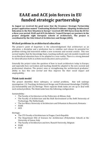 EAAE and ACE join forces in EU funded strategic partnership In August we received the good news