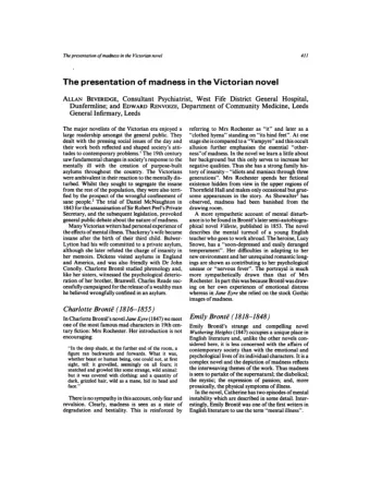 The presentation  of madness in the Victorian  novel  ALLAN BEVERIDGE,  Consultant  Psychiatrist,