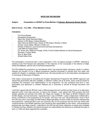 NOTE FOR THE RECORD  Subject:  Presentation on AKRSP for Prime Minister of Pakistan, Mohtarama