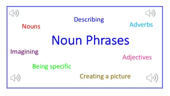Nou  Noun Phras  ases  es  Imagining  Adjectives  Being specific  Creating a picture  Nouns  A noun