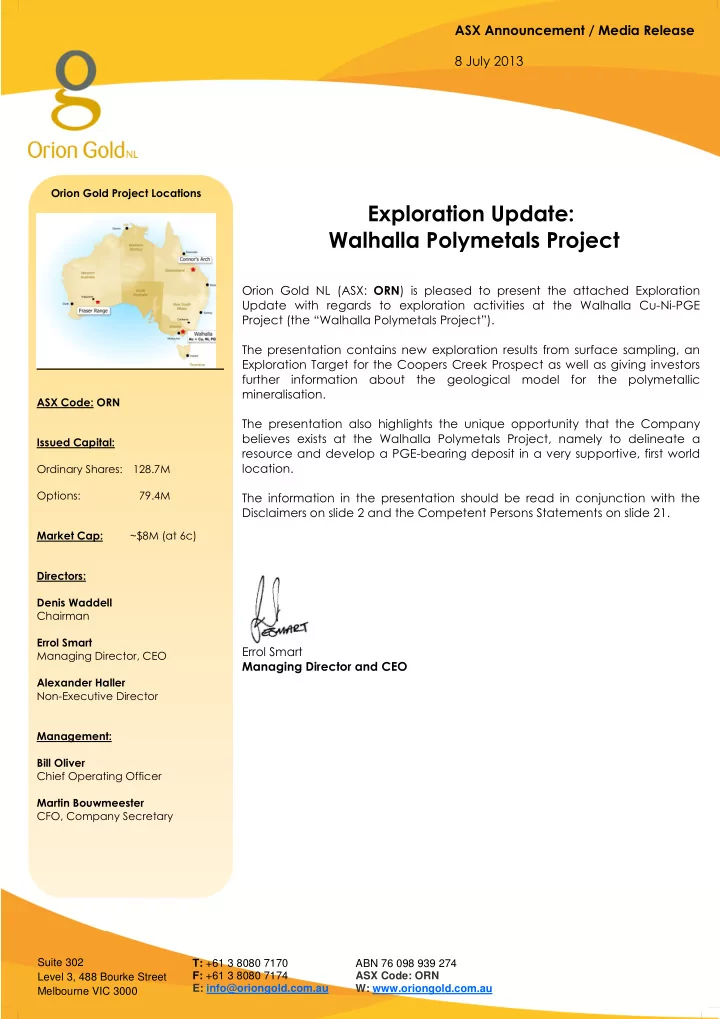 orion gold project locations exploration update walhalla