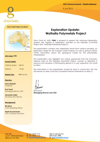 Orion Gold Project Locations  Exploration Update:  Walhalla Polymetals Project Orion Gold NL (ASX: