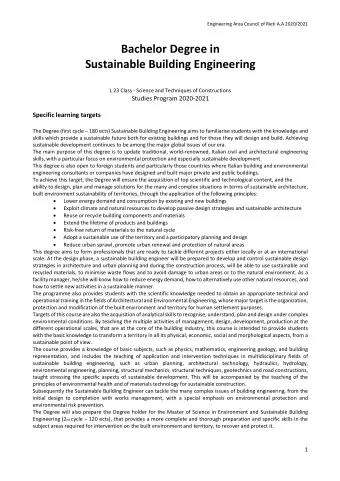 Bachelor Degree in  Sustainable Building Engineering  L 23 Class - Science and Techniques of