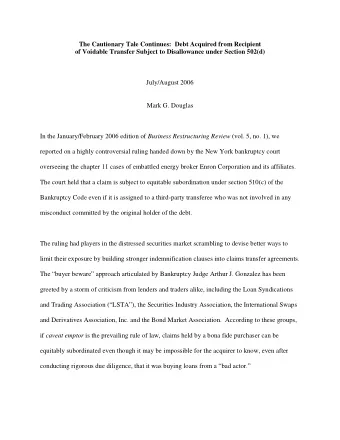 The Cautionary Tale Continues:  Debt Acquired from Recipient  of Voidable Transfer Subject to