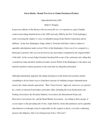 Enron Redux:  Round Two Goes to Claims Purchasers/Traders  September/October 2007  Mark G. Douglas