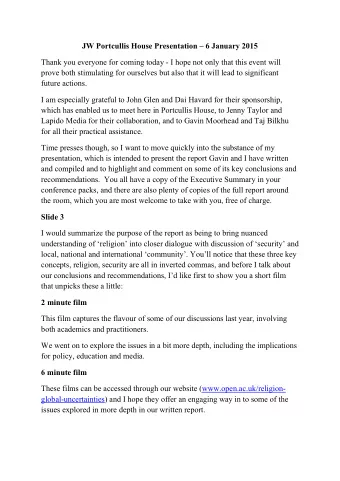 JW Portcullis House Presentation  6 January 2015  Thank you everyone for coming today - I hope