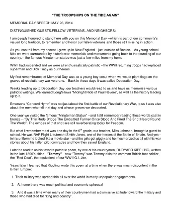 THE TROOPSHIPS ON THE TIDE AGAIN  MEMORIAL DAY SPEECH MAY 26, 2014  DISTINGUISHED