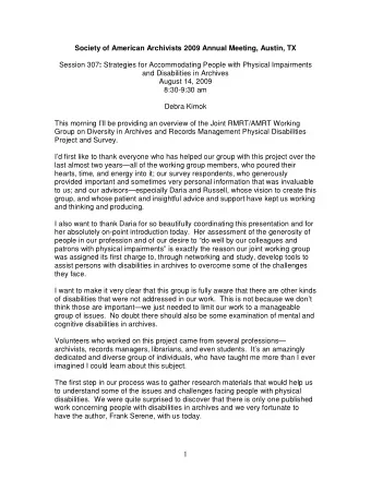 Society of American Archivists 2009 Annual Meeting, Austin, TX Session 307 : Strategies for