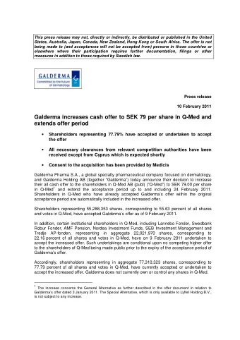 Galderma increases cash offer to SEK 79 per share in Q-Med and  extends offer period