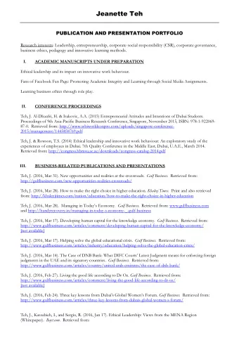 Jeanette Teh  PUBLICATION AND PRESENTATION PORTFOLIO Research interests: Leadership,