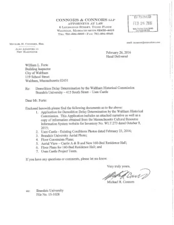 Application for Demolition Delay Determination  by the Waltham Historical Commission  2/23/2016