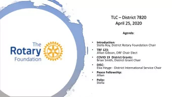 TLC  District 7820  April 25, 2020 Agenda :   Introduction :  Stella Roy, District Rotary