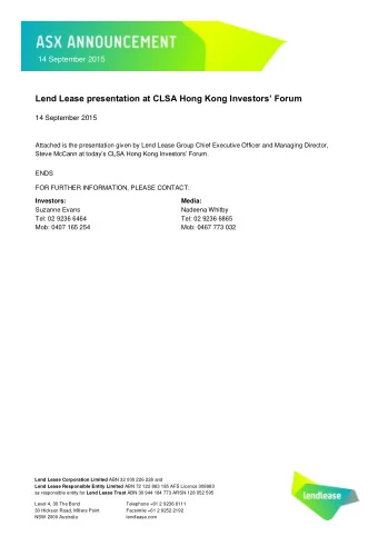 14 September 2015 Lend Lease presentation at CLSA Hong Kong Investors Forum  14 September 2015