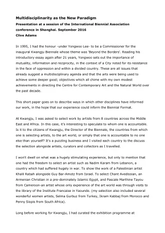 Multidisciplinarity as the New Paradigm  Presentation at a session of the International Biennial