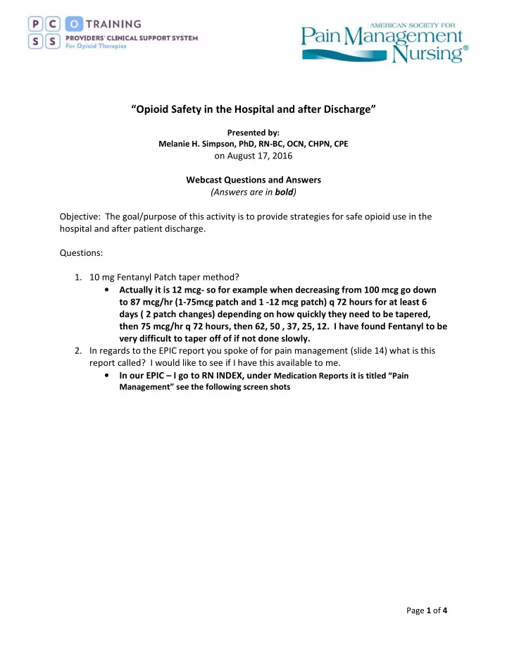 opioid safety in the hospital and after discharge