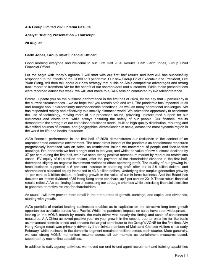 aia group limited 2020 interim results analyst briefing