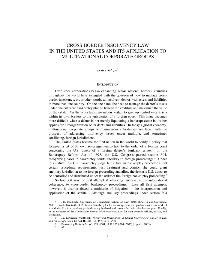 cross border insolvency law in the united states and its