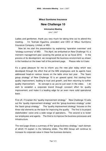 New Challenge 10  Information Meeting  June 1, 2007  Ladies and gentlemen, thank you very much for