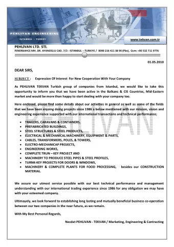 DEAR SIRS, SUBJECT : Expression Of Interest  For New Cooperation With Your Company  As PEHLIVAN