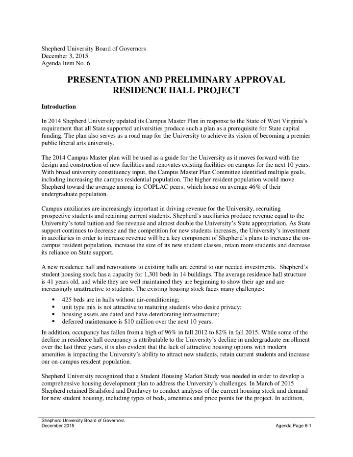 presentation and preliminary approval residence hall