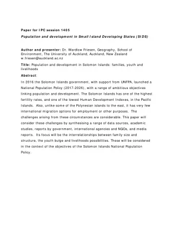 Paper for I PC session 1 4 0 5  Population and developm ent in Sm all I sland Developing States (