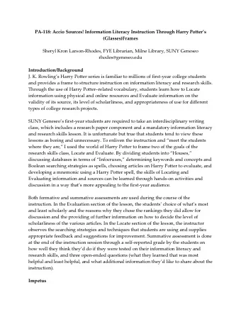 PA-118: Accio Sources! Information Literacy I nstruction Through Harry Potter s  (Glasses)Frames