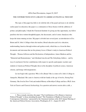 1 APSA Panel Presentation, August 29, 2019 1  THE CONTRIBUTIONS OF EVA BRANN TO AMERICAN POLITICAL