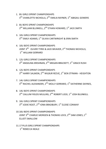1. 8U GIRLS SPRINT CHAMPIONSHIPS 3 RD CHARLOTTE NICHOLLS, 2 ND EMILIA RAYNER, 1 ST ABIGAIL GOWERS