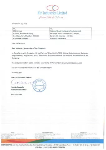 CD Kiri Industries Limited C dc. UY.   {i:ft December 27, 2018  To,  To, BSE Limited