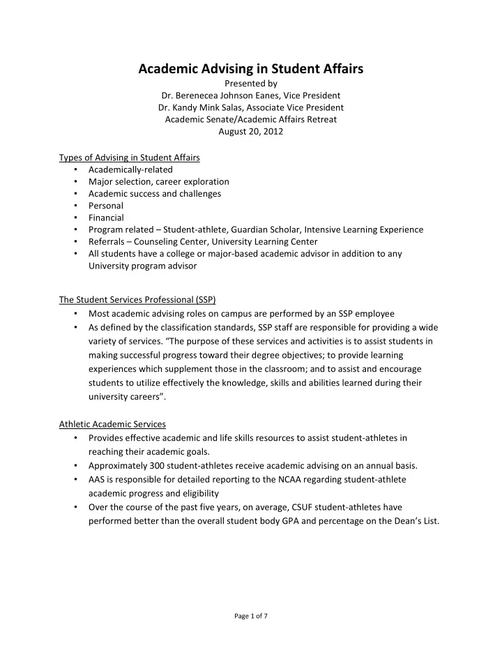 academic advising in student affairs