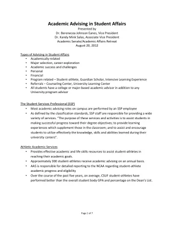 Academic Advising in Student Affairs  Presented by  Dr. Berenecea Johnson Eanes, Vice President