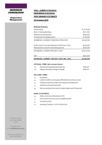HEINRICH 2541  SAMPLE SCHOOL  CONSULTING  NEW MIDDLE SCHOOL  PRELIMINARYESTIMATE  Project Cost