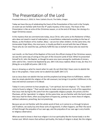 The Presentation of the Lord  Preached February 2, 2020; St. Peter Catholic Church, The Dalles,
