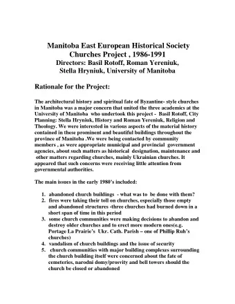 Manitoba East European Historical Society Churches Project , 1986-1991 Directors: Basil Rotoff,