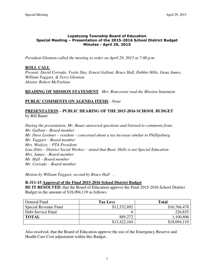 special meeting april 29 2015