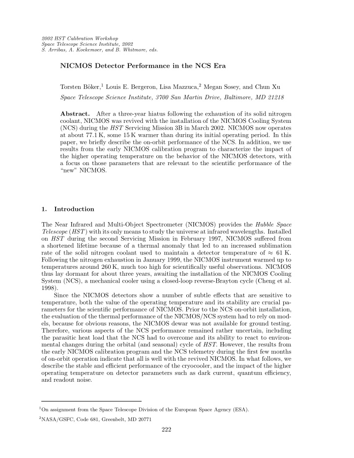 nicmos detector performance in the ncs era