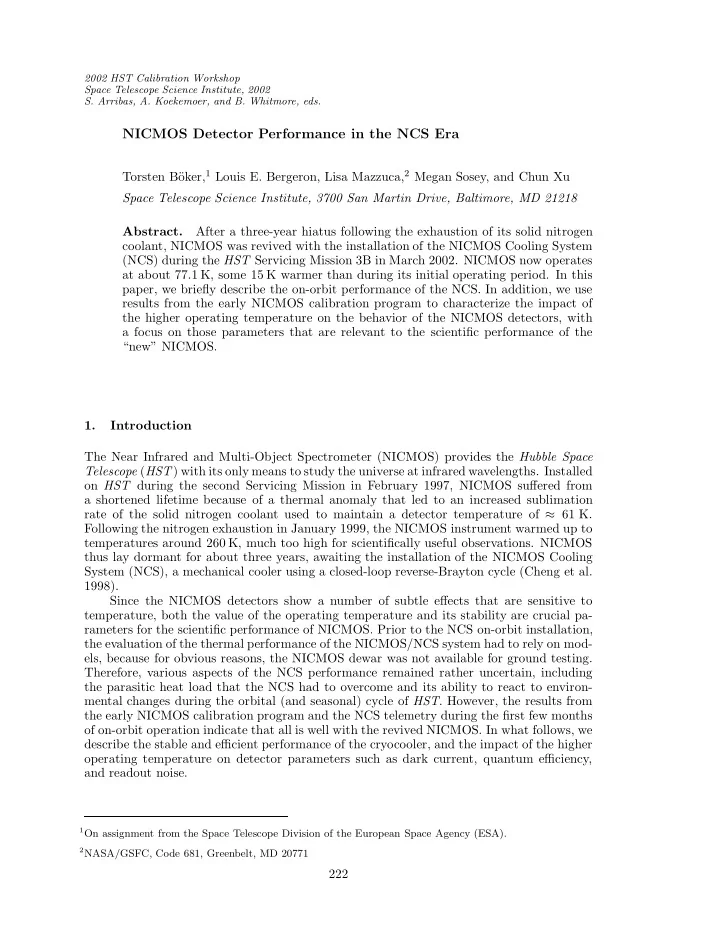 nicmos detector performance in the ncs era