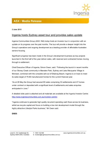 ASX / Media Release  2 June 2015 Ingenia hosts Sydney asset tour and provides sales update  Ingenia