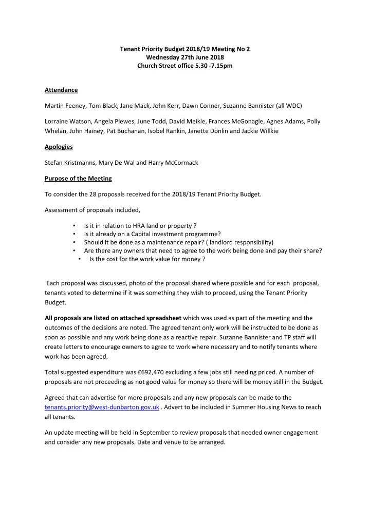 tenant priority budget 2018 19 meeting no 2 wednesday