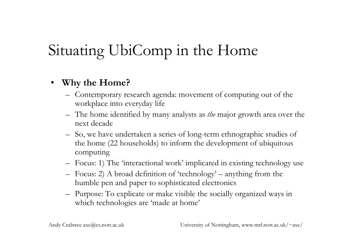 situating ubicomp in the home