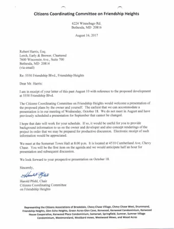 gfuaW  Harold Pfohl, Chair Citizens Coordinating Committee on Friendship Heights Representing the