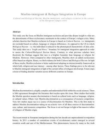 Muslim-immigrant &amp; Refugee Integration in Europe  Cultural and Biological Racism, Muslim
