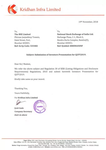 Kridhan Infra Limited  19th November, 2018  To,  To, The BSE Limited National Stock Exchange of