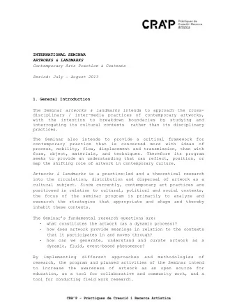 INTERNATIONAL SEMINAR  ARTWORKS &amp; LANDMARKS  Contemporary Arts Practice &amp; Contexts  Period: