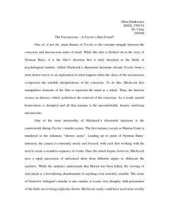 Allen Drinkwater  ENGL 3705 01  Dr. Craig  10/9/08 The Unconscious  A Psycho s Best Friend?