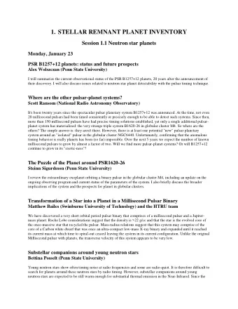 1. STELLAR REMNANT PLANET INVENTORY  Session 1.1 Neutron star planets  Monday, January 23  PSR