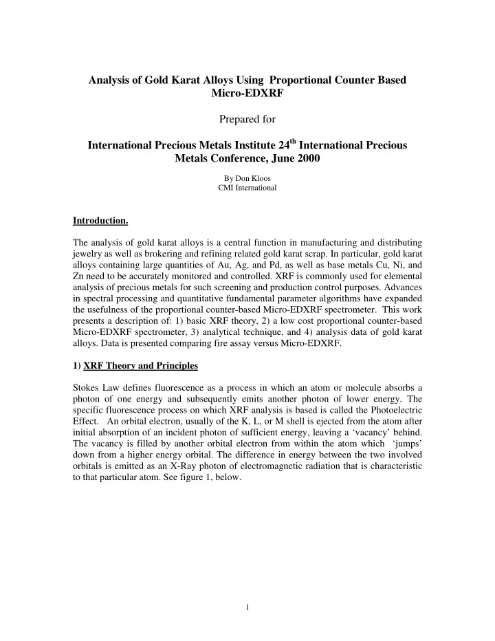 analysis of gold karat alloys using proportional counter